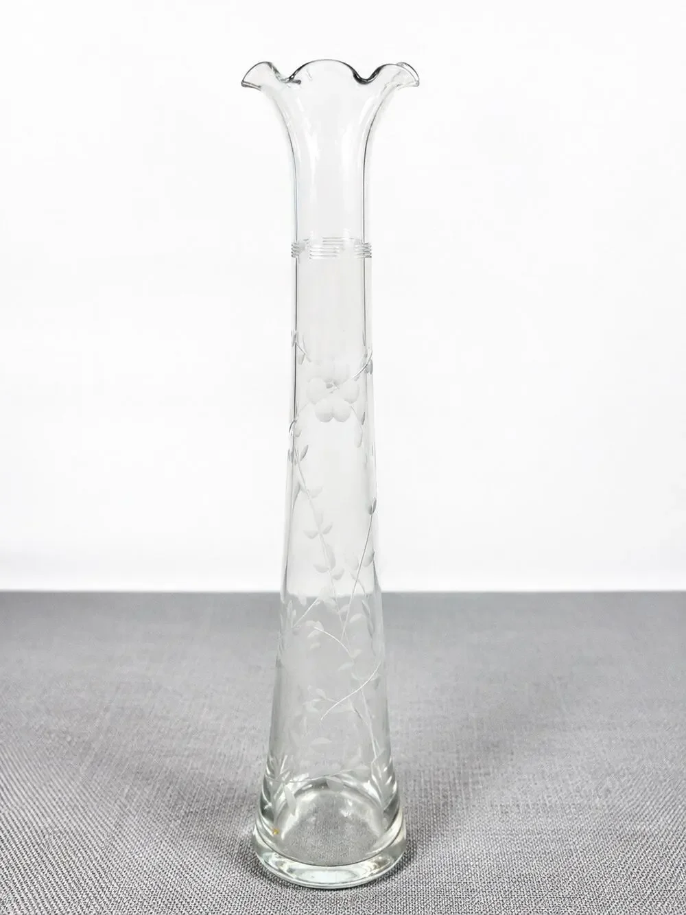 Vintage Etched Clear Glass Bud Vase 10 Inch Ruffled Flared Rim Floral Design